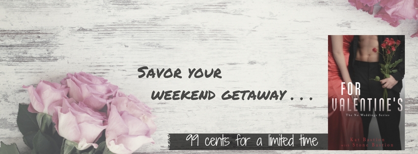 "Savor your weekend getaway..." on a banner with pink and red roses