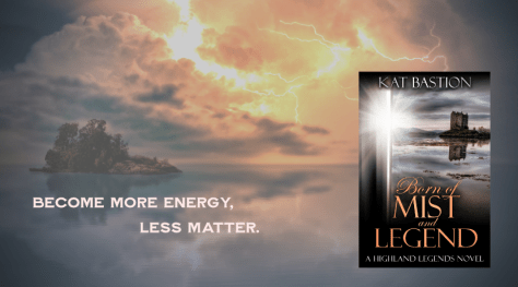 Become More Energy, Less Matter quote on pic with orange lightning over ocean with island